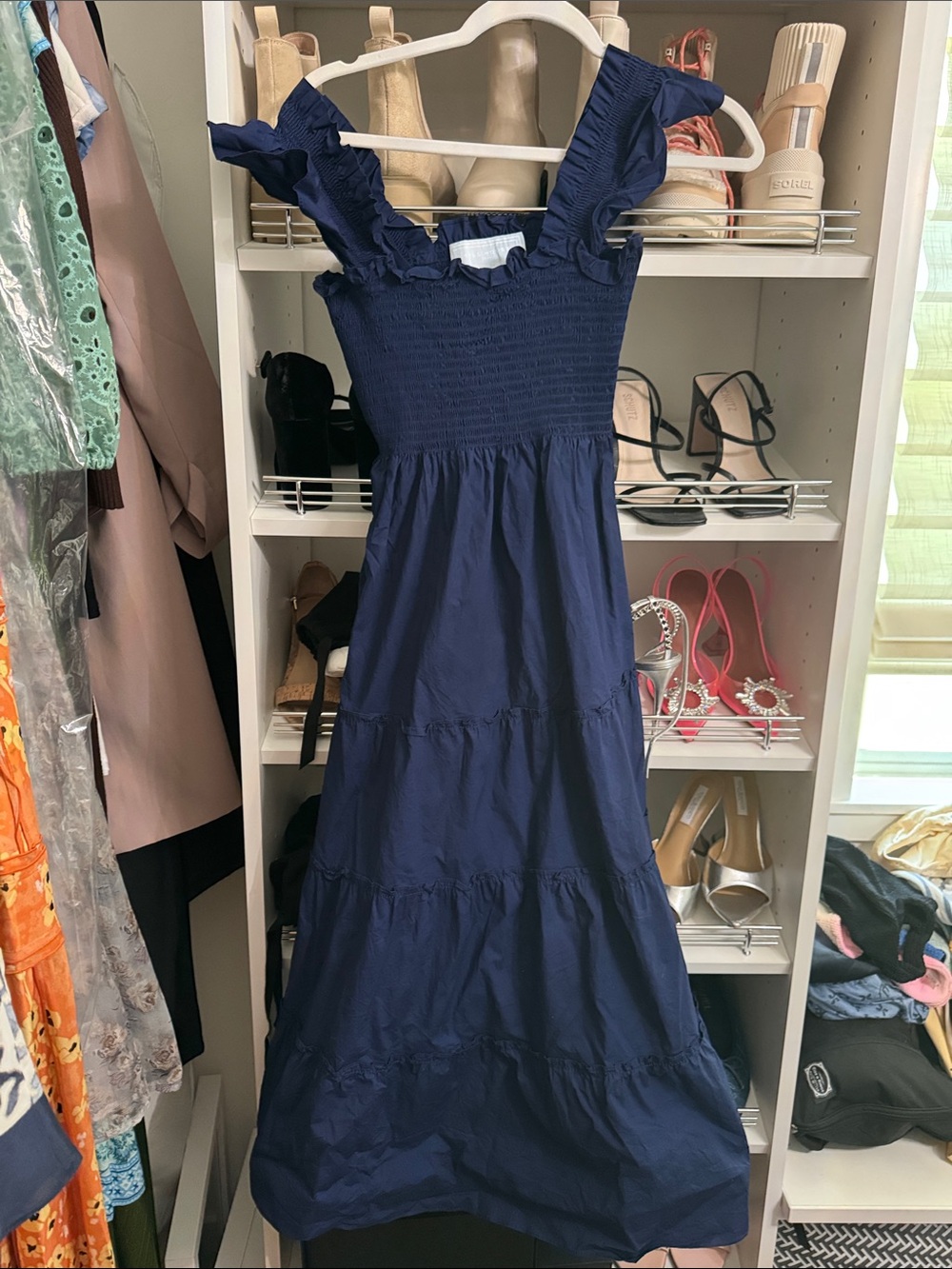 Smocked Navy Maxi Dress with Ruffle Straps